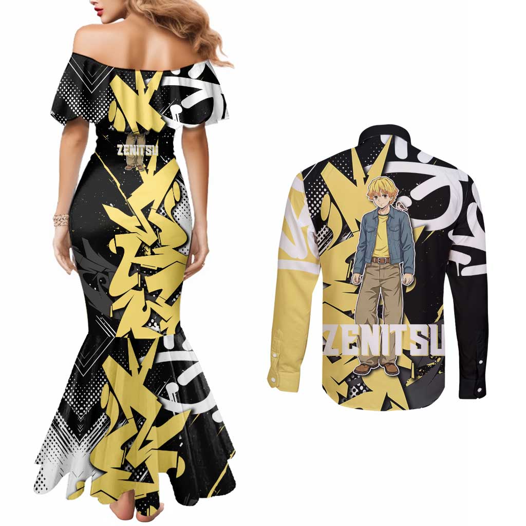 Agatsuma Zenitsu Demon Slayer Couples Matching Mermaid Dress and Long Sleeve Button Shirt Yellow & Black Graffiti Anime
