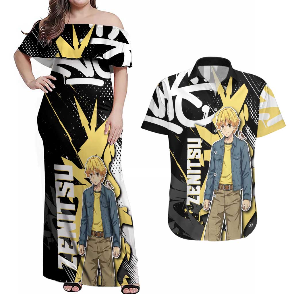 Agatsuma Zenitsu Demon Slayer Couples Matching Off Shoulder Maxi Dress and Hawaiian Shirt Yellow & Black Graffiti Anime