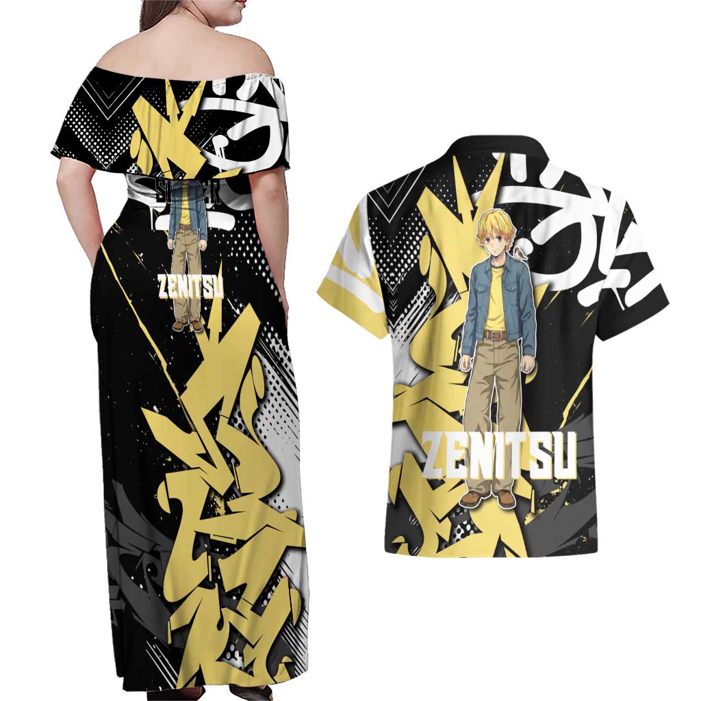 Agatsuma Zenitsu Demon Slayer Couples Matching Off Shoulder Maxi Dress and Hawaiian Shirt Yellow & Black Graffiti Anime
