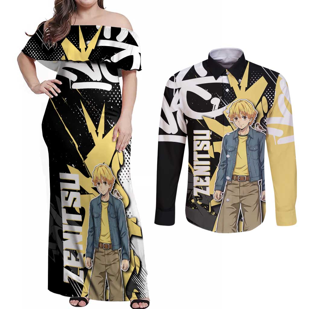 Agatsuma Zenitsu Demon Slayer Couples Matching Off Shoulder Maxi Dress and Long Sleeve Button Shirt Yellow & Black Graffiti Anime