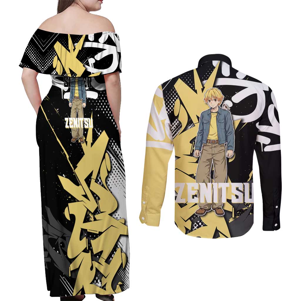 Agatsuma Zenitsu Demon Slayer Couples Matching Off Shoulder Maxi Dress and Long Sleeve Button Shirt Yellow & Black Graffiti Anime