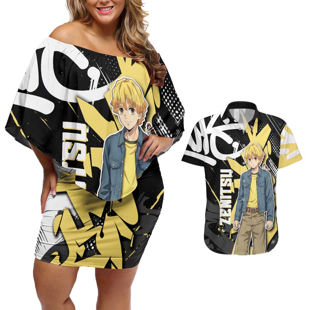 Agatsuma Zenitsu Demon Slayer Couples Matching Off Shoulder Short Dress and Hawaiian Shirt Yellow & Black Graffiti Anime