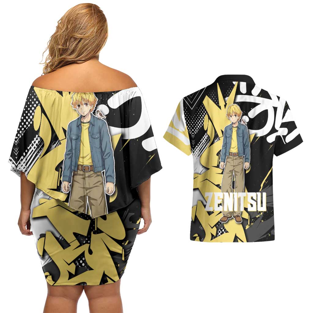 Agatsuma Zenitsu Demon Slayer Couples Matching Off Shoulder Short Dress and Hawaiian Shirt Yellow & Black Graffiti Anime