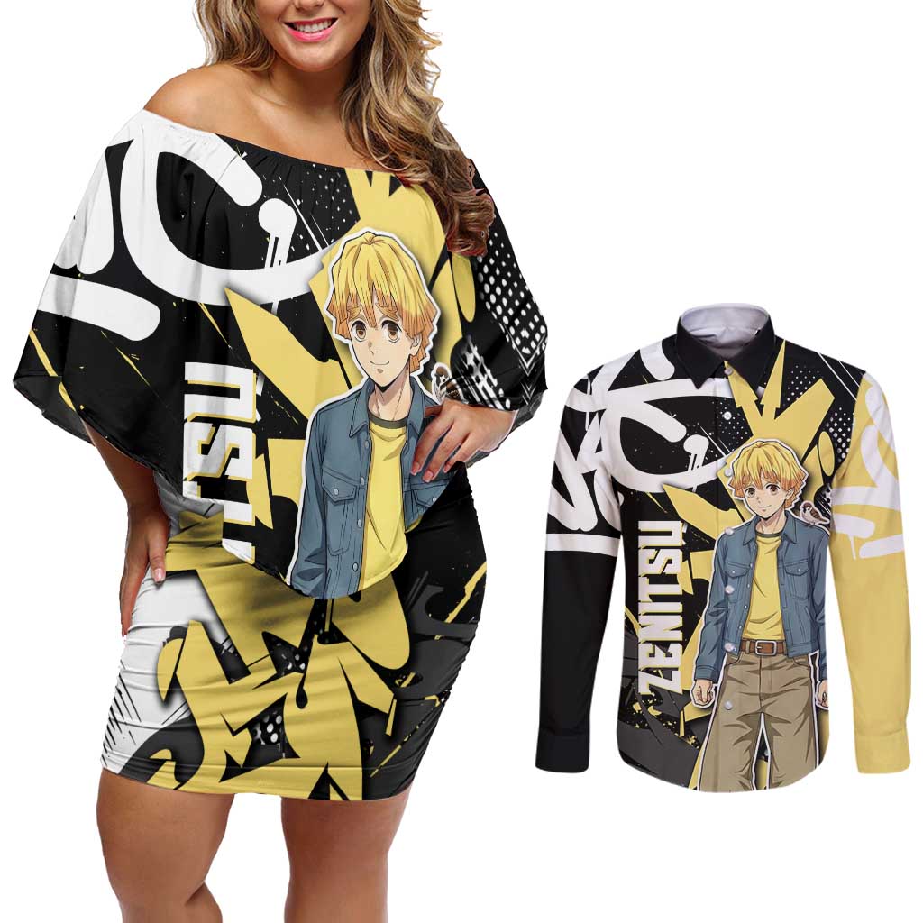 Agatsuma Zenitsu Demon Slayer Couples Matching Off Shoulder Short Dress and Long Sleeve Button Shirt Yellow & Black Graffiti Anime