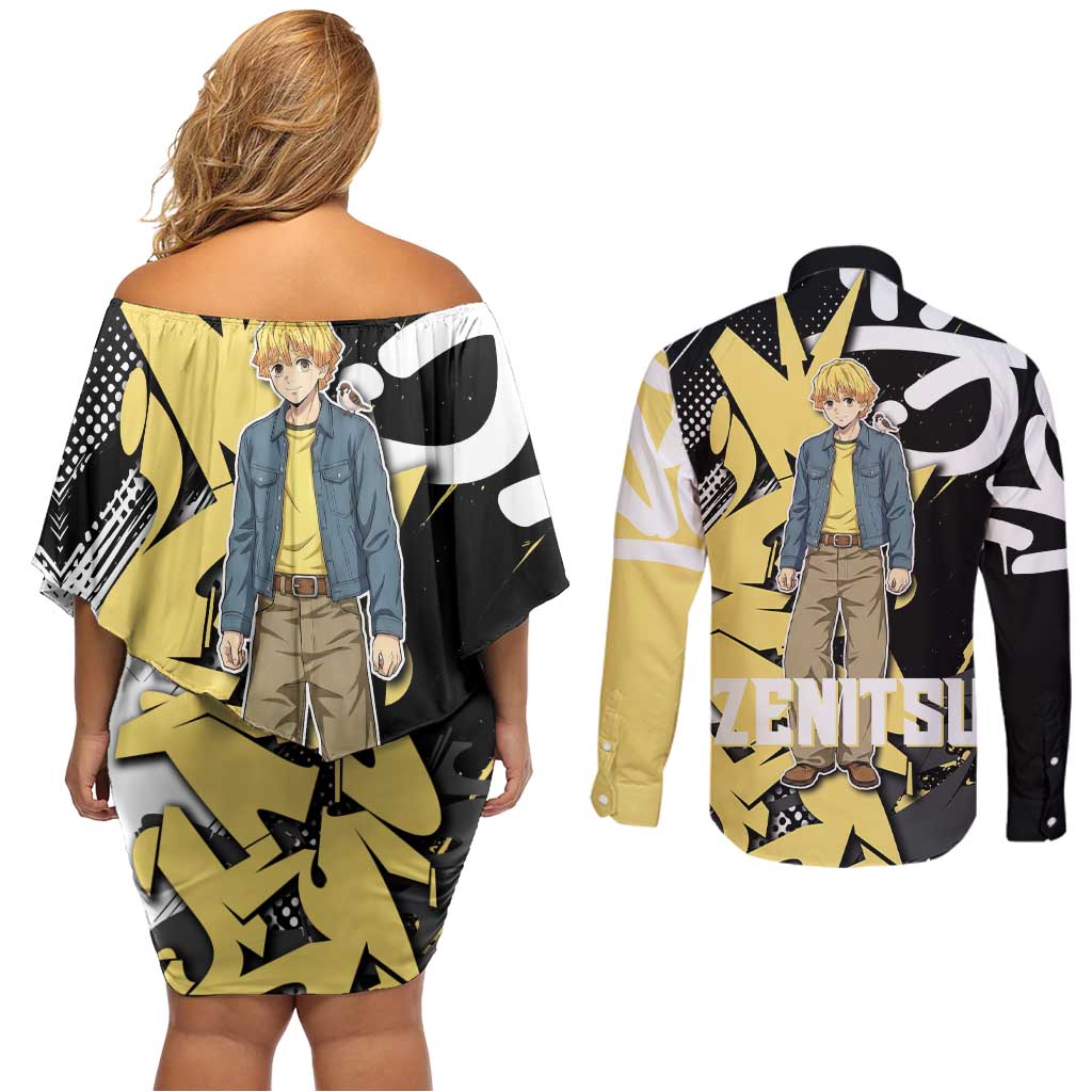 Agatsuma Zenitsu Demon Slayer Couples Matching Off Shoulder Short Dress and Long Sleeve Button Shirt Yellow & Black Graffiti Anime