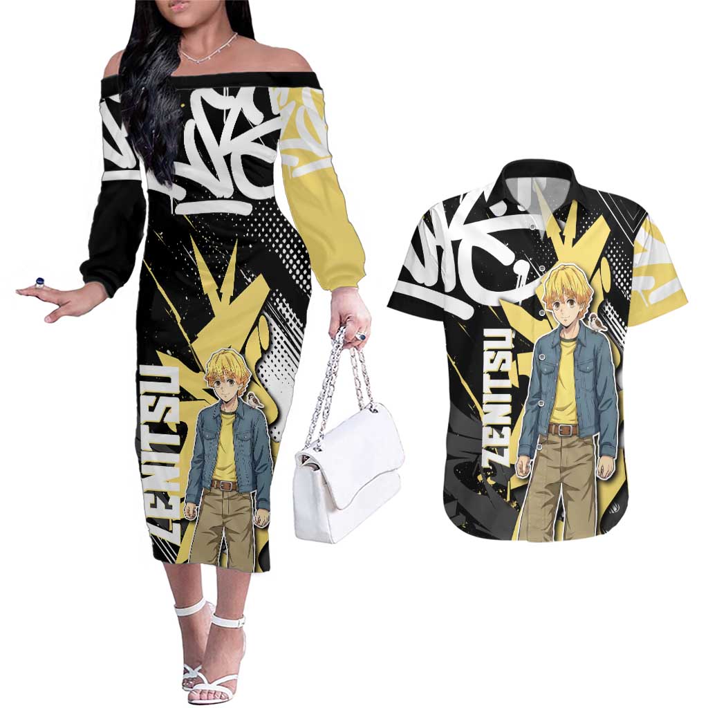 Agatsuma Zenitsu Demon Slayer Couples Matching Off The Shoulder Long Sleeve Dress and Hawaiian Shirt Yellow & Black Graffiti Anime