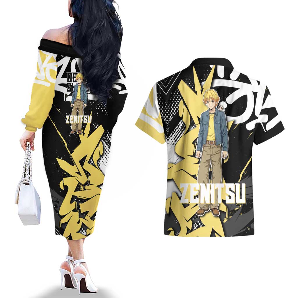 Agatsuma Zenitsu Demon Slayer Couples Matching Off The Shoulder Long Sleeve Dress and Hawaiian Shirt Yellow & Black Graffiti Anime