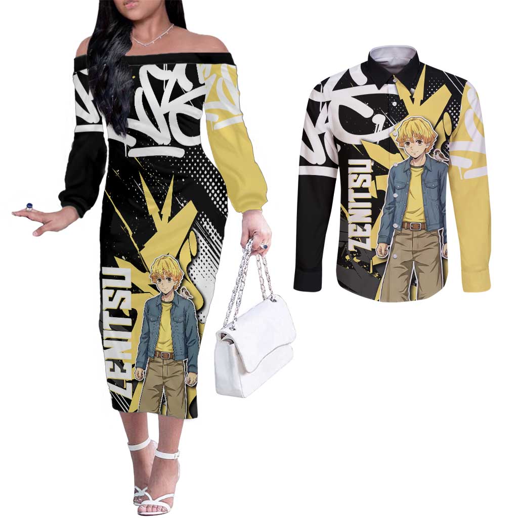 Agatsuma Zenitsu Demon Slayer Couples Matching Off The Shoulder Long Sleeve Dress and Long Sleeve Button Shirt Yellow & Black Graffiti Anime