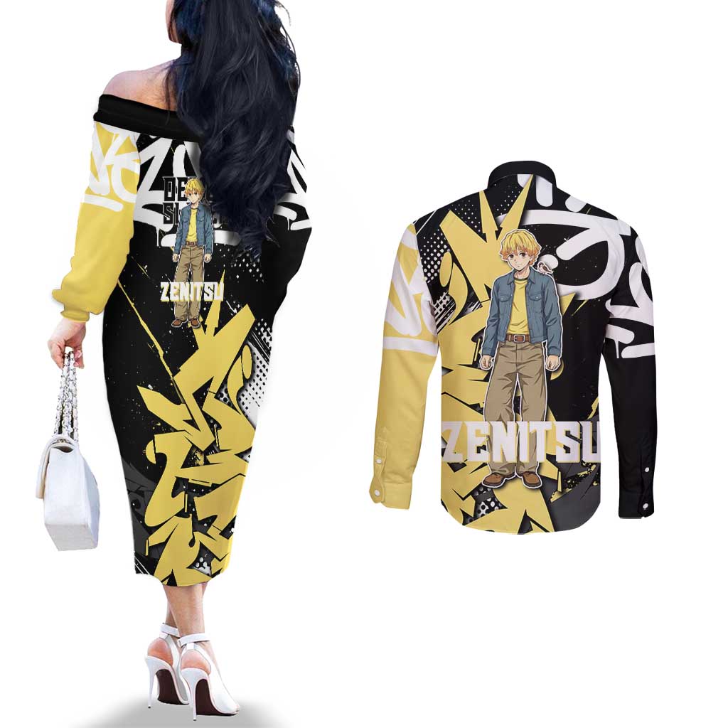 Agatsuma Zenitsu Demon Slayer Couples Matching Off The Shoulder Long Sleeve Dress and Long Sleeve Button Shirt Yellow & Black Graffiti Anime