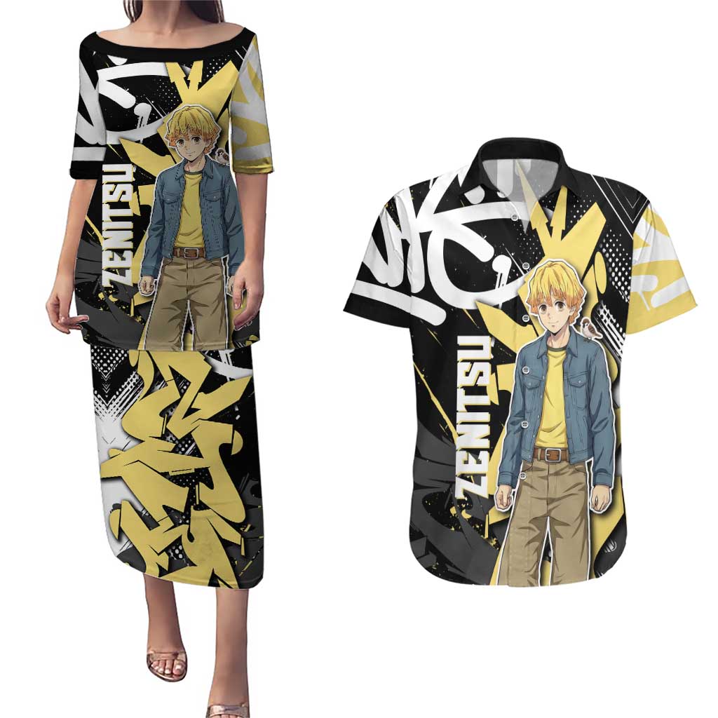 Agatsuma Zenitsu Demon Slayer Couples Matching Puletasi and Hawaiian Shirt Yellow & Black Graffiti Anime