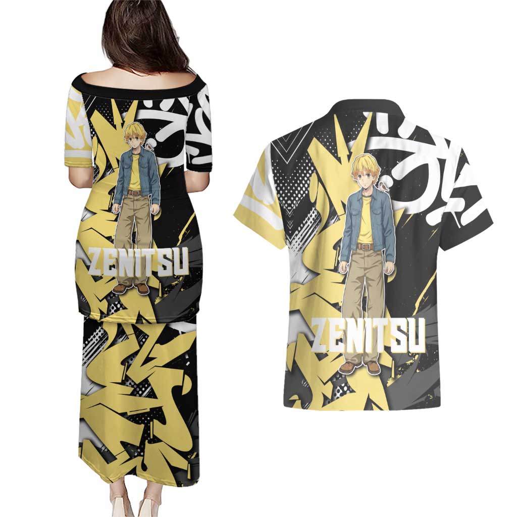 Agatsuma Zenitsu Demon Slayer Couples Matching Puletasi and Hawaiian Shirt Yellow & Black Graffiti Anime