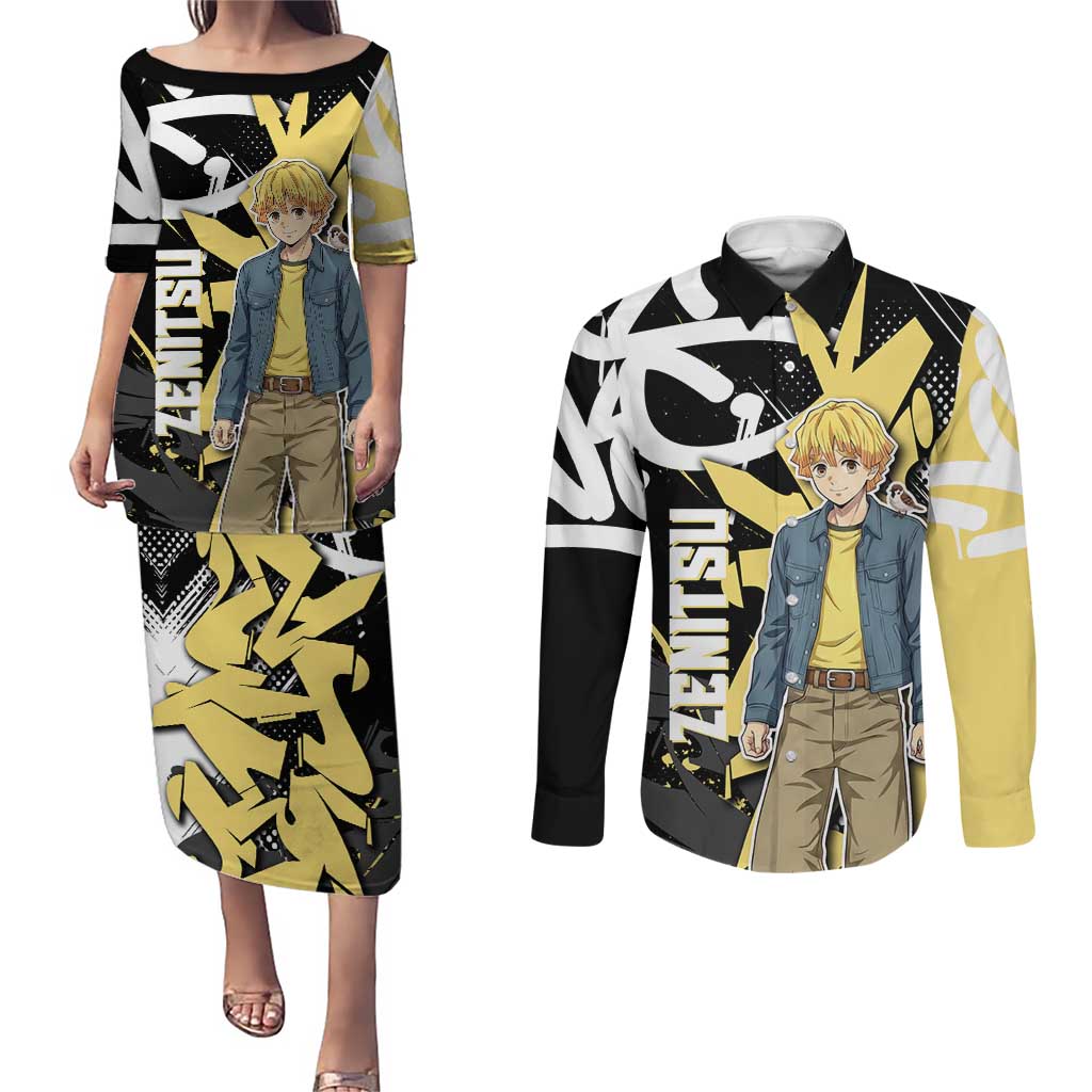 Agatsuma Zenitsu Demon Slayer Couples Matching Puletasi and Long Sleeve Button Shirt Yellow & Black Graffiti Anime