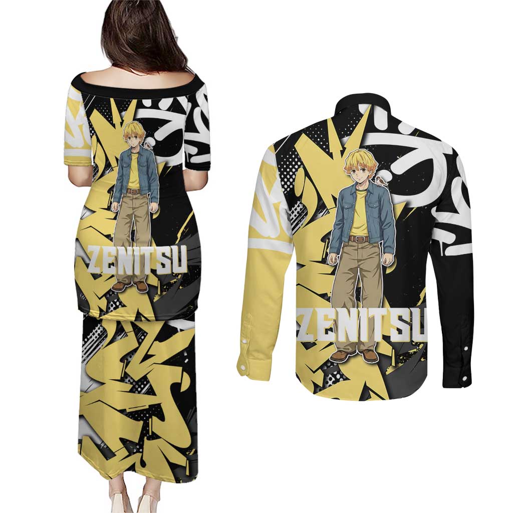 Agatsuma Zenitsu Demon Slayer Couples Matching Puletasi and Long Sleeve Button Shirt Yellow & Black Graffiti Anime