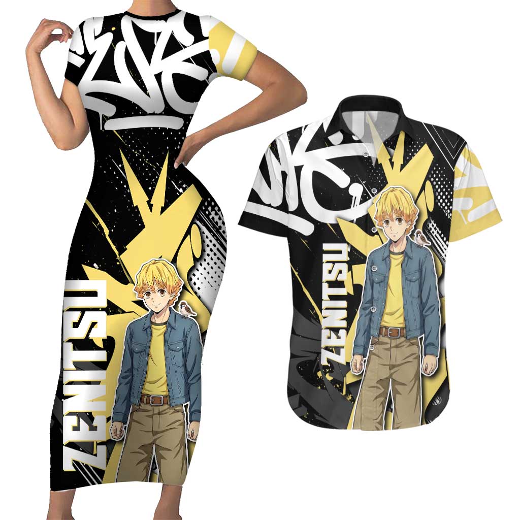 Agatsuma Zenitsu Demon Slayer Couples Matching Short Sleeve Bodycon Dress and Hawaiian Shirt Yellow & Black Graffiti Anime