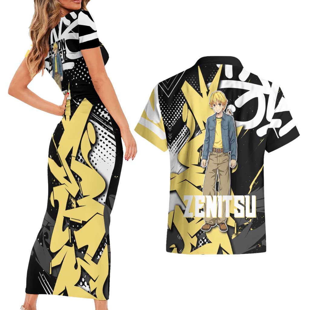 Agatsuma Zenitsu Demon Slayer Couples Matching Short Sleeve Bodycon Dress and Hawaiian Shirt Yellow & Black Graffiti Anime