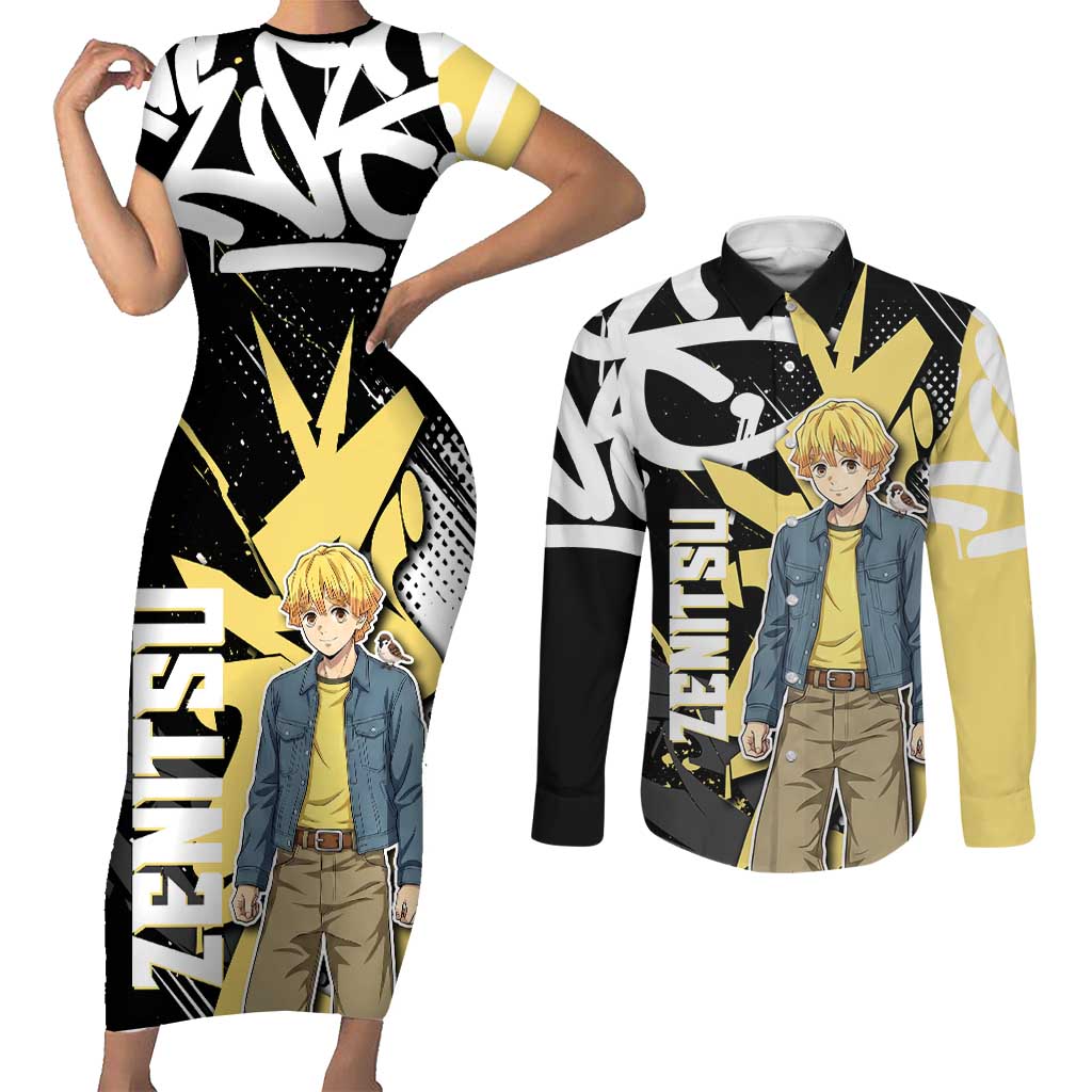 Agatsuma Zenitsu Demon Slayer Couples Matching Short Sleeve Bodycon Dress and Long Sleeve Button Shirt Yellow & Black Graffiti Anime