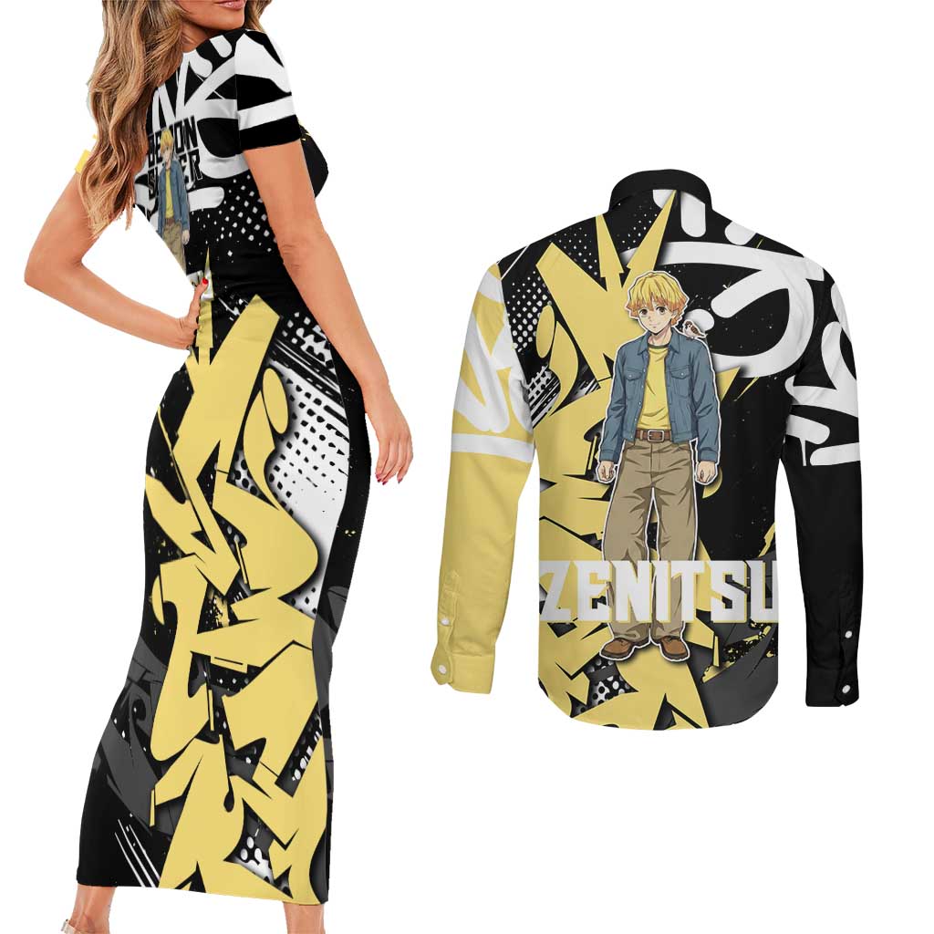 Agatsuma Zenitsu Demon Slayer Couples Matching Short Sleeve Bodycon Dress and Long Sleeve Button Shirt Yellow & Black Graffiti Anime