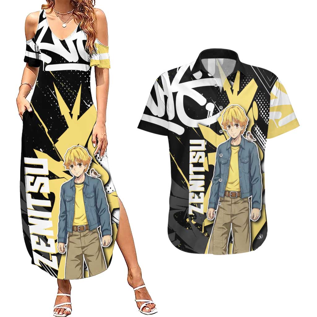 Agatsuma Zenitsu Demon Slayer Couples Matching Summer Maxi Dress and Hawaiian Shirt Yellow & Black Graffiti Anime