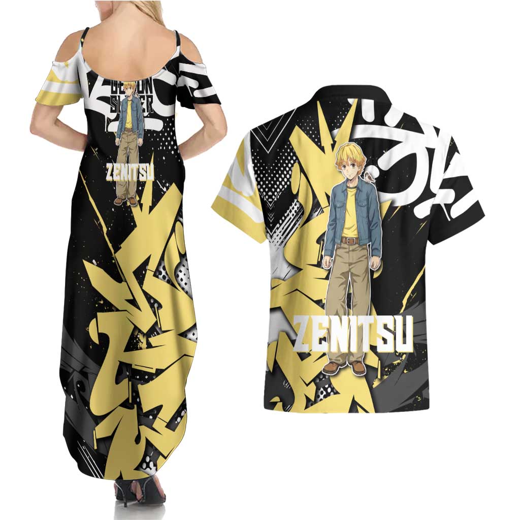 Agatsuma Zenitsu Demon Slayer Couples Matching Summer Maxi Dress and Hawaiian Shirt Yellow & Black Graffiti Anime