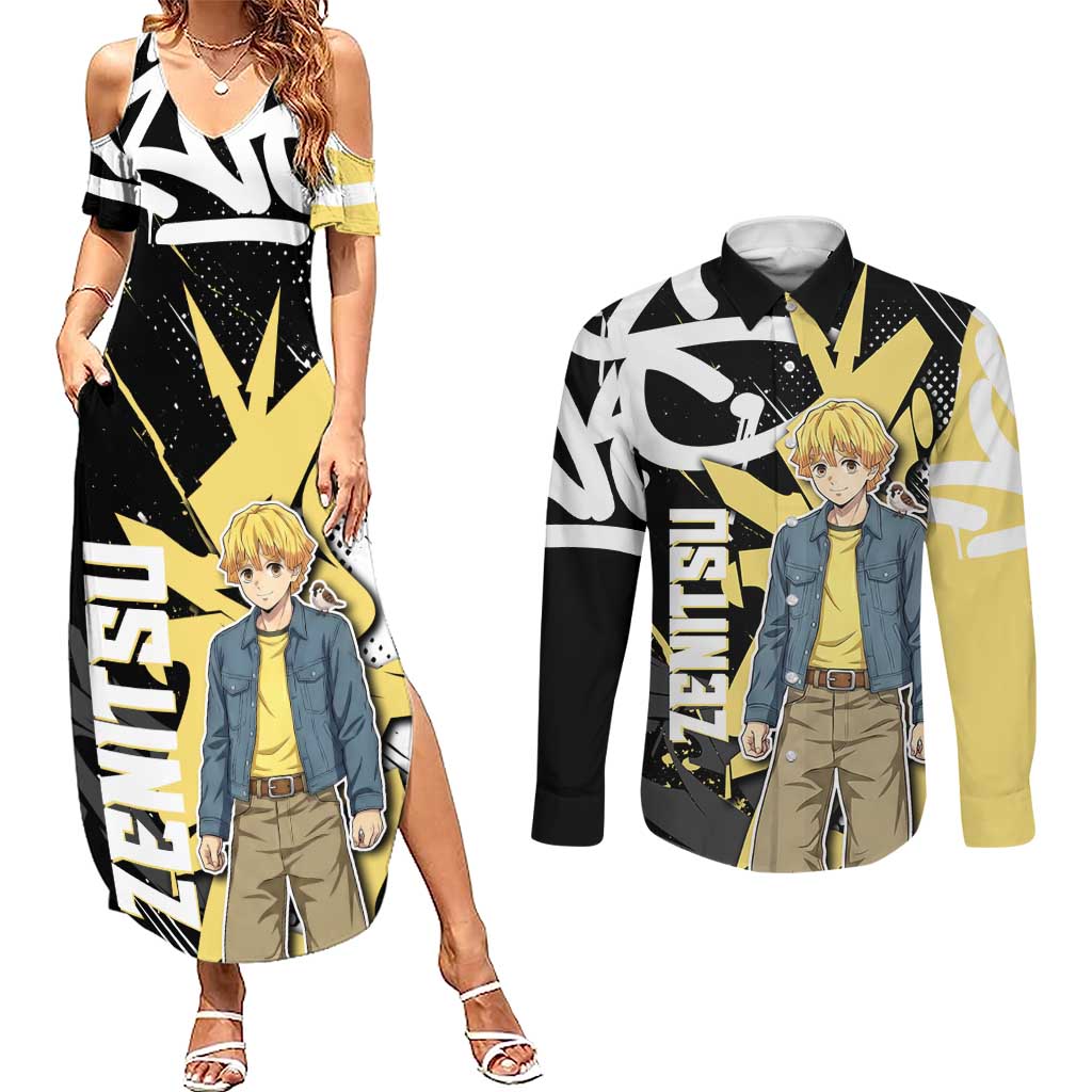Agatsuma Zenitsu Demon Slayer Couples Matching Summer Maxi Dress and Long Sleeve Button Shirt Yellow & Black Graffiti Anime