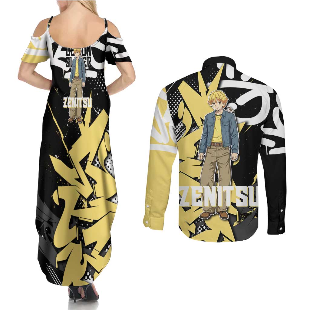 Agatsuma Zenitsu Demon Slayer Couples Matching Summer Maxi Dress and Long Sleeve Button Shirt Yellow & Black Graffiti Anime