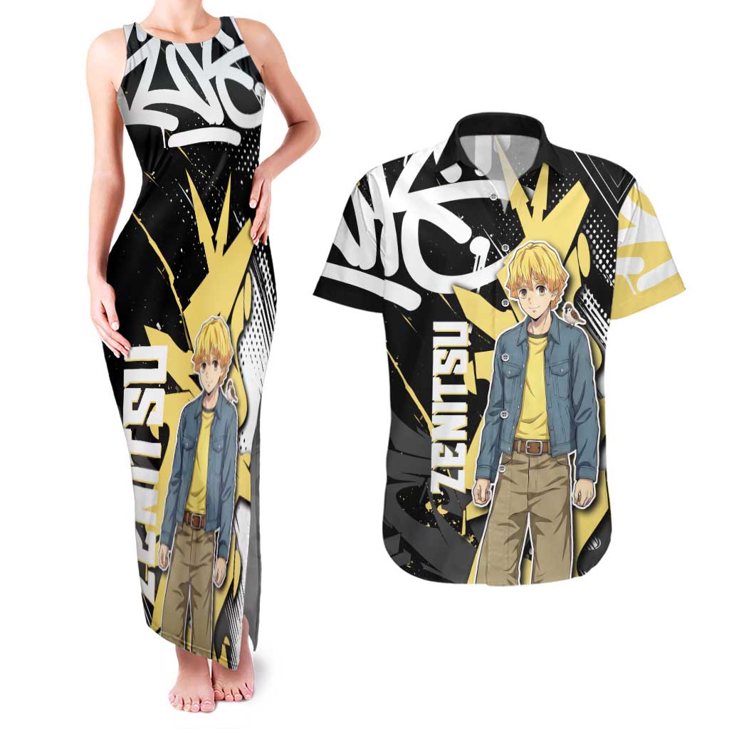 Agatsuma Zenitsu Demon Slayer Couples Matching Tank Maxi Dress and Hawaiian Shirt Yellow & Black Graffiti Anime