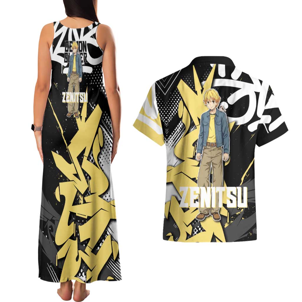 Agatsuma Zenitsu Demon Slayer Couples Matching Tank Maxi Dress and Hawaiian Shirt Yellow & Black Graffiti Anime
