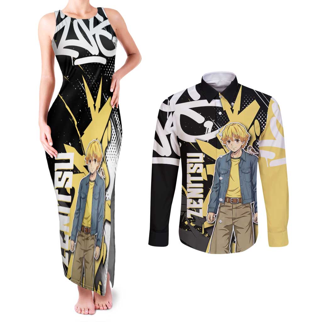 Agatsuma Zenitsu Demon Slayer Couples Matching Tank Maxi Dress and Long Sleeve Button Shirt Yellow & Black Graffiti Anime