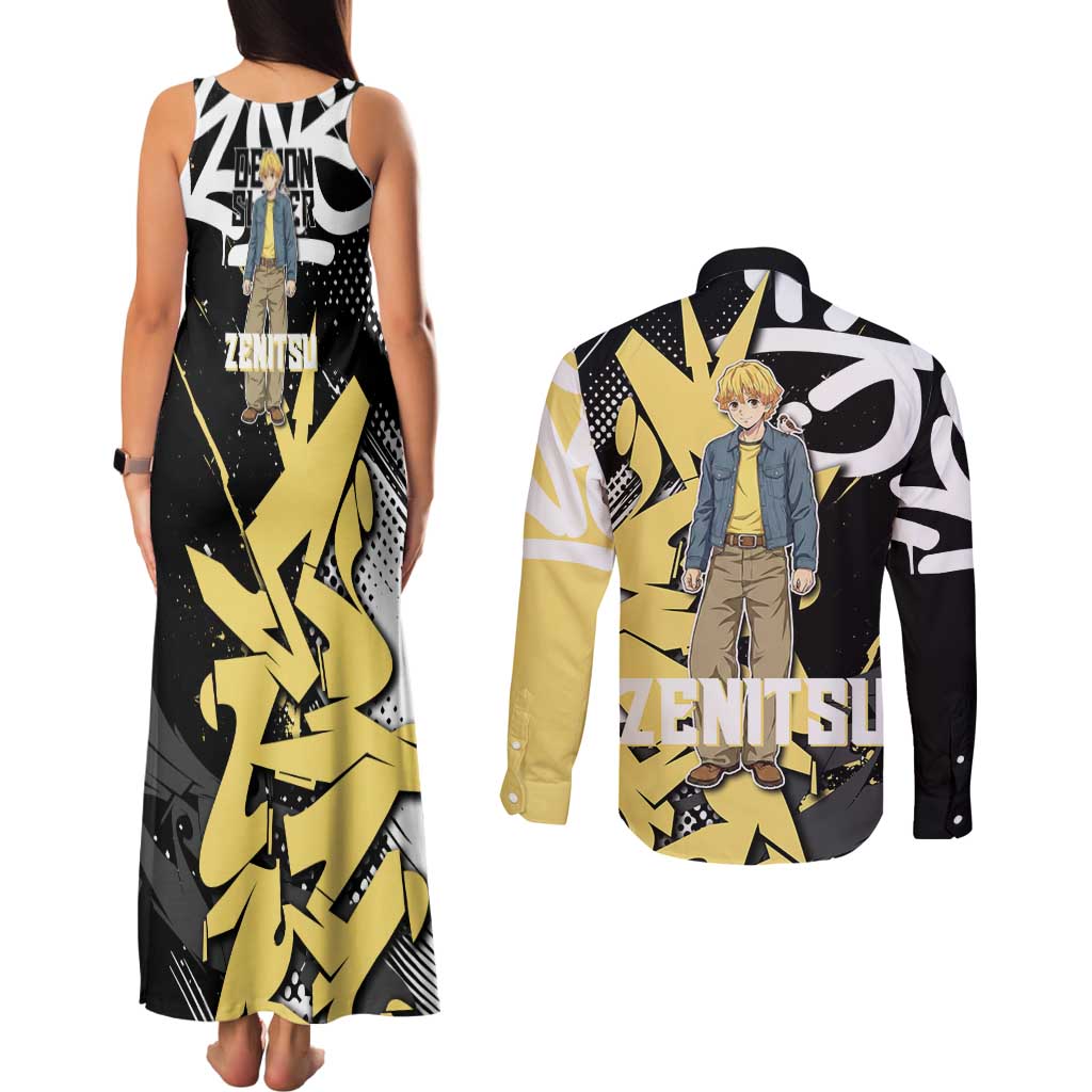 Agatsuma Zenitsu Demon Slayer Couples Matching Tank Maxi Dress and Long Sleeve Button Shirt Yellow & Black Graffiti Anime