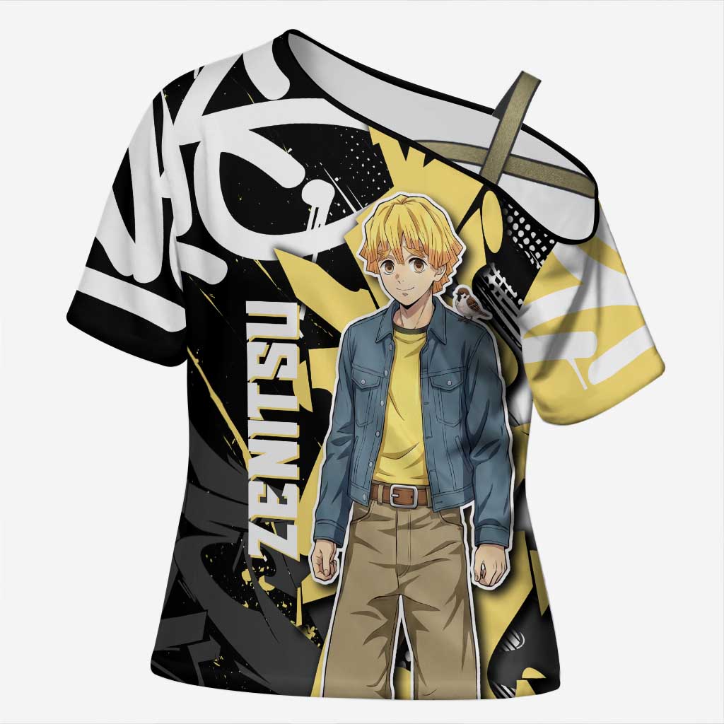 Agatsuma Zenitsu Demon Slayer Cross Shoulder Shirt Yellow & Black Graffiti Anime