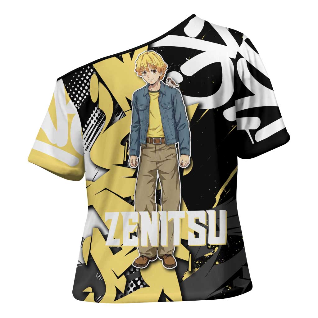 Agatsuma Zenitsu Demon Slayer Cross Shoulder Shirt Yellow & Black Graffiti Anime