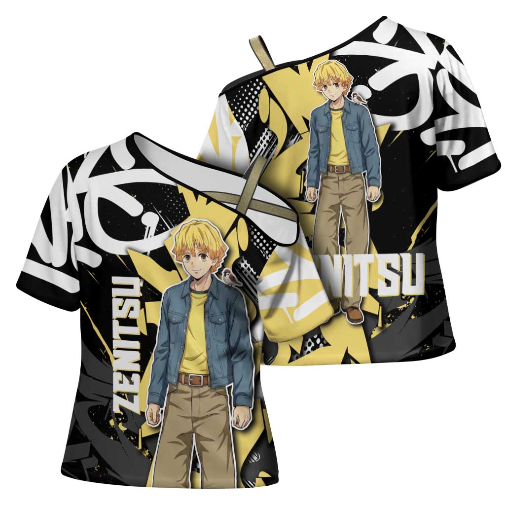 Agatsuma Zenitsu Demon Slayer Cross Shoulder Shirt Yellow & Black Graffiti Anime
