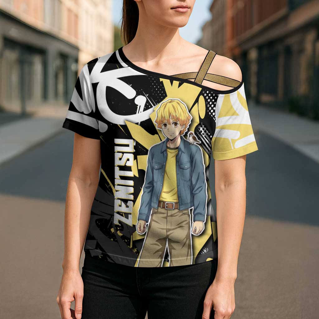 Agatsuma Zenitsu Demon Slayer Cross Shoulder Shirt Yellow & Black Graffiti Anime