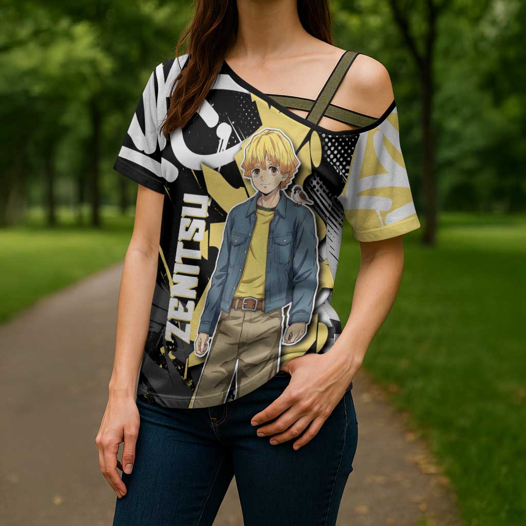 Agatsuma Zenitsu Demon Slayer Cross Shoulder Shirt Yellow & Black Graffiti Anime