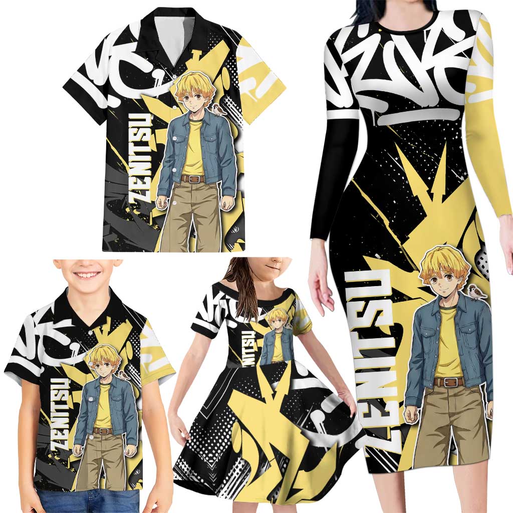 Agatsuma Zenitsu Demon Slayer Family Matching Long Sleeve Bodycon Dress and Hawaiian Shirt Yellow & Black Graffiti Anime