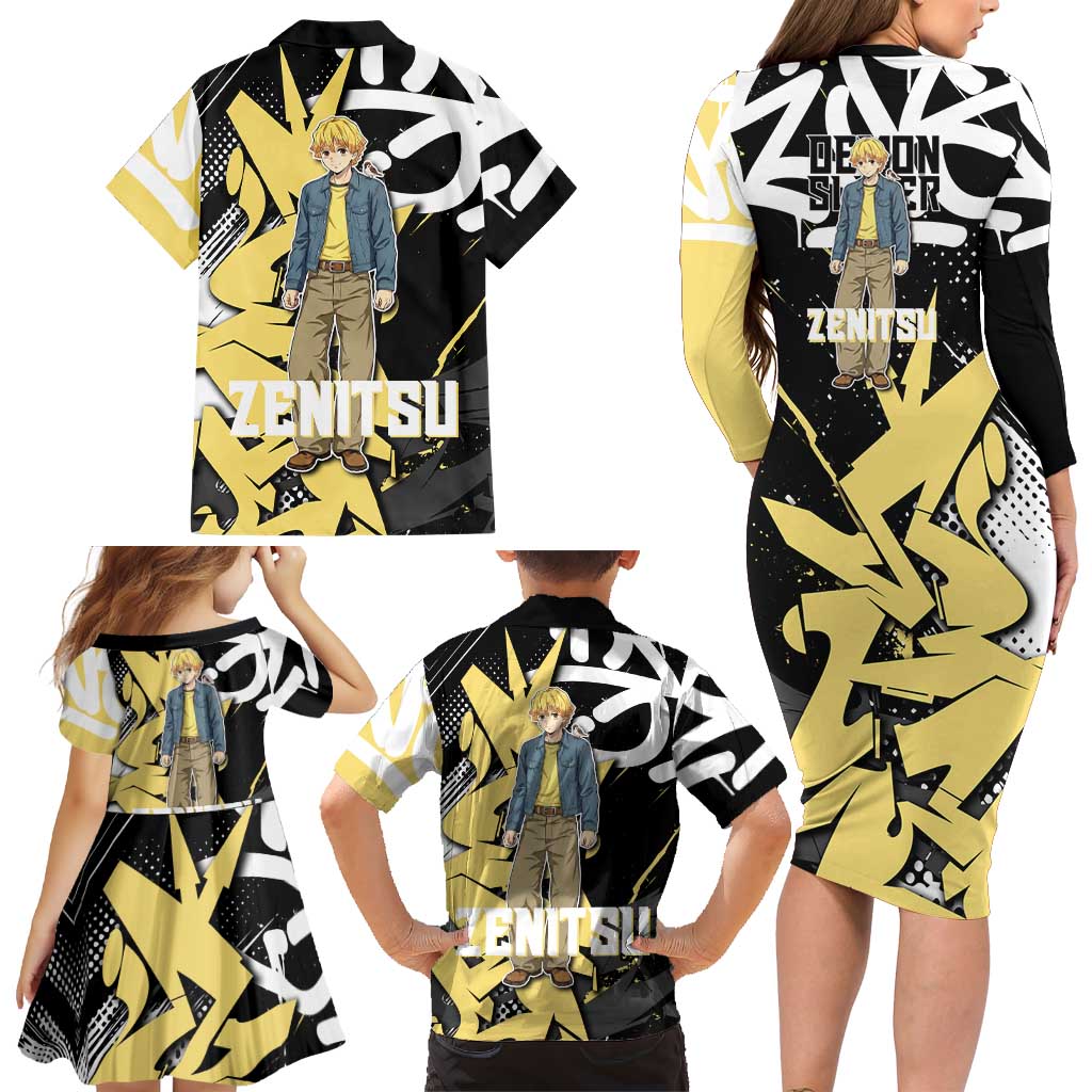 Agatsuma Zenitsu Demon Slayer Family Matching Long Sleeve Bodycon Dress and Hawaiian Shirt Yellow & Black Graffiti Anime