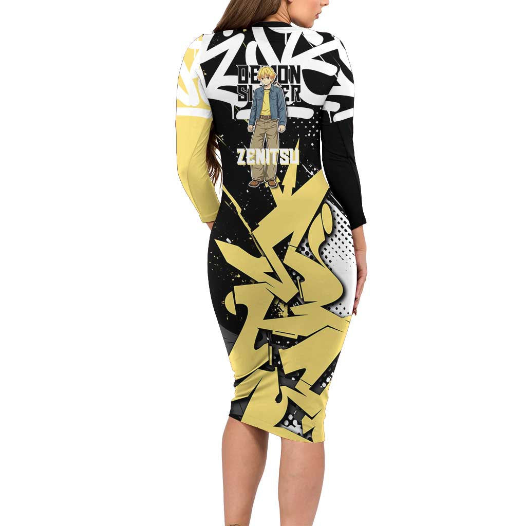 Agatsuma Zenitsu Demon Slayer Family Matching Long Sleeve Bodycon Dress and Hawaiian Shirt Yellow & Black Graffiti Anime