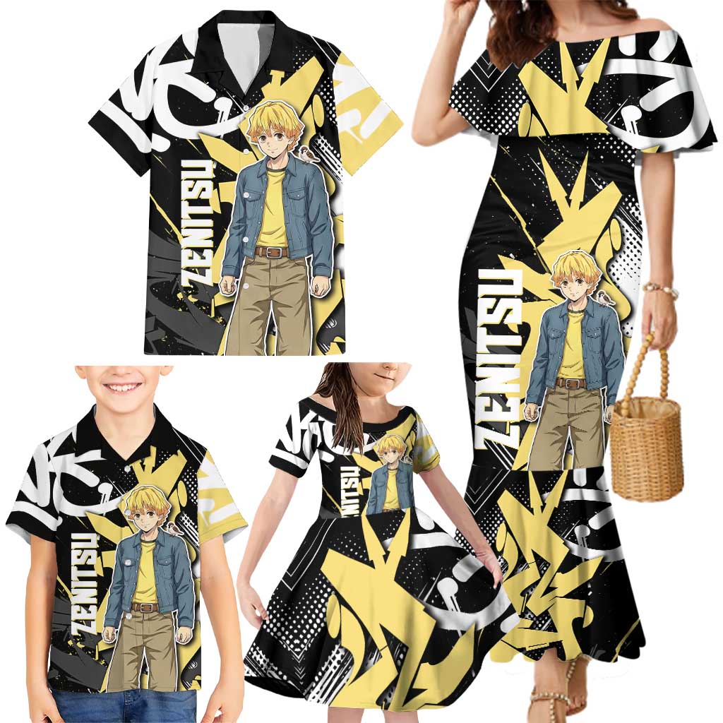Agatsuma Zenitsu Demon Slayer Family Matching Mermaid Dress and Hawaiian Shirt Yellow & Black Graffiti Anime