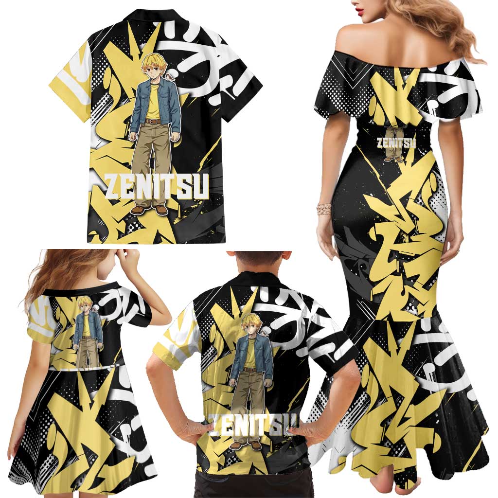 Agatsuma Zenitsu Demon Slayer Family Matching Mermaid Dress and Hawaiian Shirt Yellow & Black Graffiti Anime