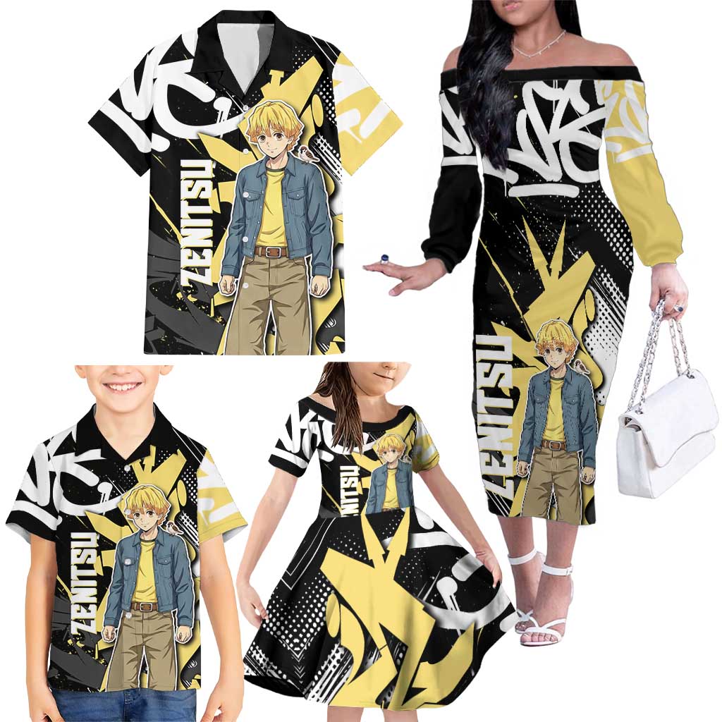 Agatsuma Zenitsu Demon Slayer Family Matching Off The Shoulder Long Sleeve Dress and Hawaiian Shirt Yellow & Black Graffiti Anime