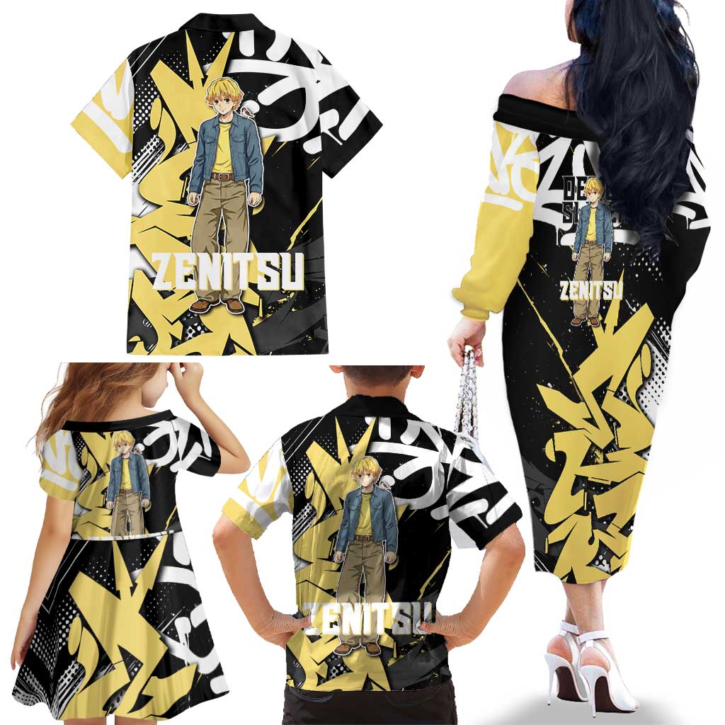 Agatsuma Zenitsu Demon Slayer Family Matching Off The Shoulder Long Sleeve Dress and Hawaiian Shirt Yellow & Black Graffiti Anime