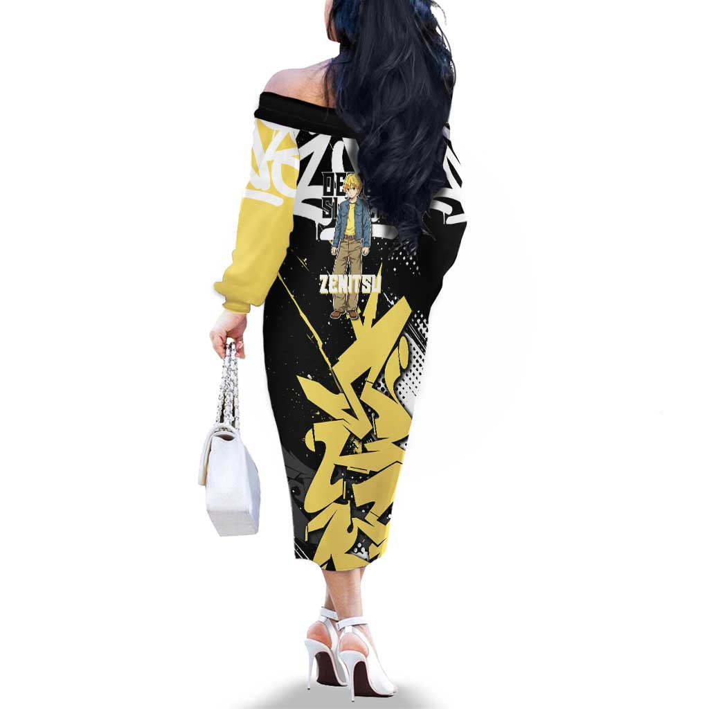 Agatsuma Zenitsu Demon Slayer Family Matching Off The Shoulder Long Sleeve Dress and Hawaiian Shirt Yellow & Black Graffiti Anime