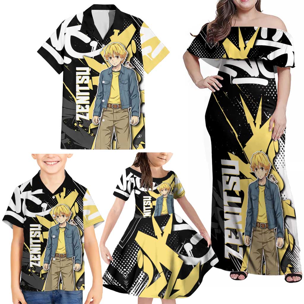 Agatsuma Zenitsu Demon Slayer Family Matching Off Shoulder Maxi Dress and Hawaiian Shirt Yellow & Black Graffiti Anime