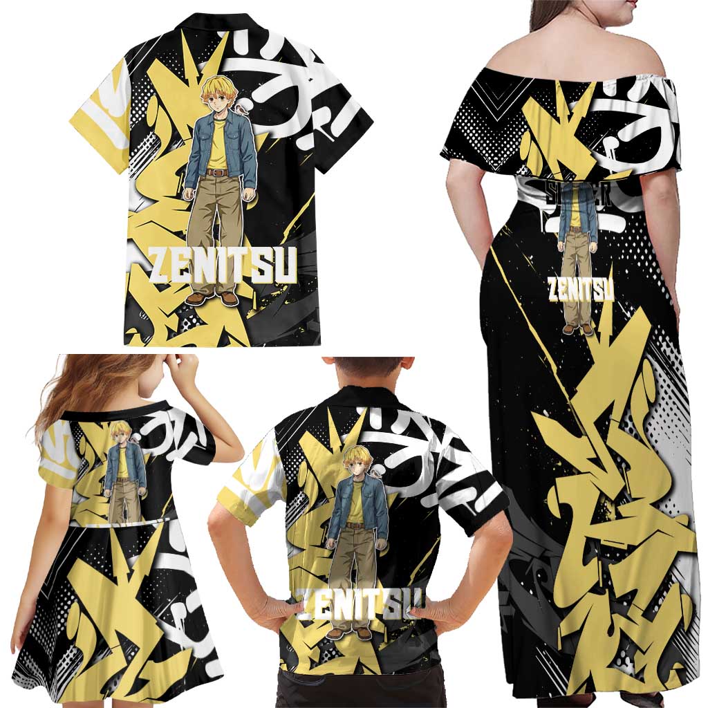 Agatsuma Zenitsu Demon Slayer Family Matching Off Shoulder Maxi Dress and Hawaiian Shirt Yellow & Black Graffiti Anime
