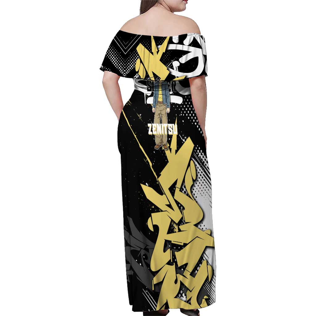 Agatsuma Zenitsu Demon Slayer Family Matching Off Shoulder Maxi Dress and Hawaiian Shirt Yellow & Black Graffiti Anime
