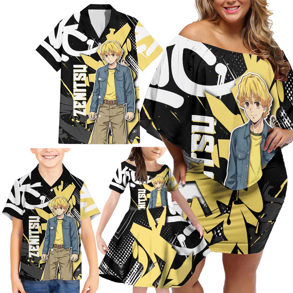 Agatsuma Zenitsu Demon Slayer Family Matching Off Shoulder Short Dress and Hawaiian Shirt Yellow & Black Graffiti Anime