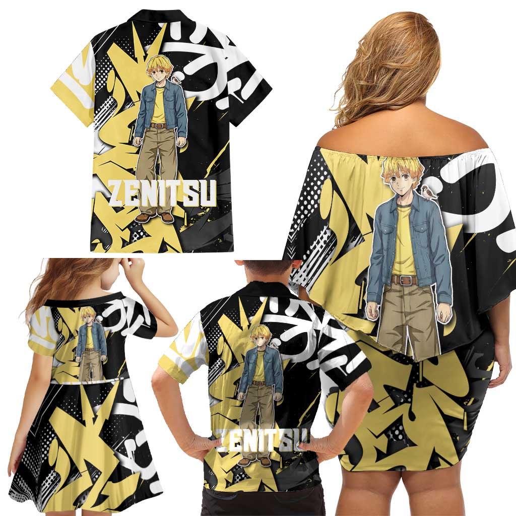 Agatsuma Zenitsu Demon Slayer Family Matching Off Shoulder Short Dress and Hawaiian Shirt Yellow & Black Graffiti Anime