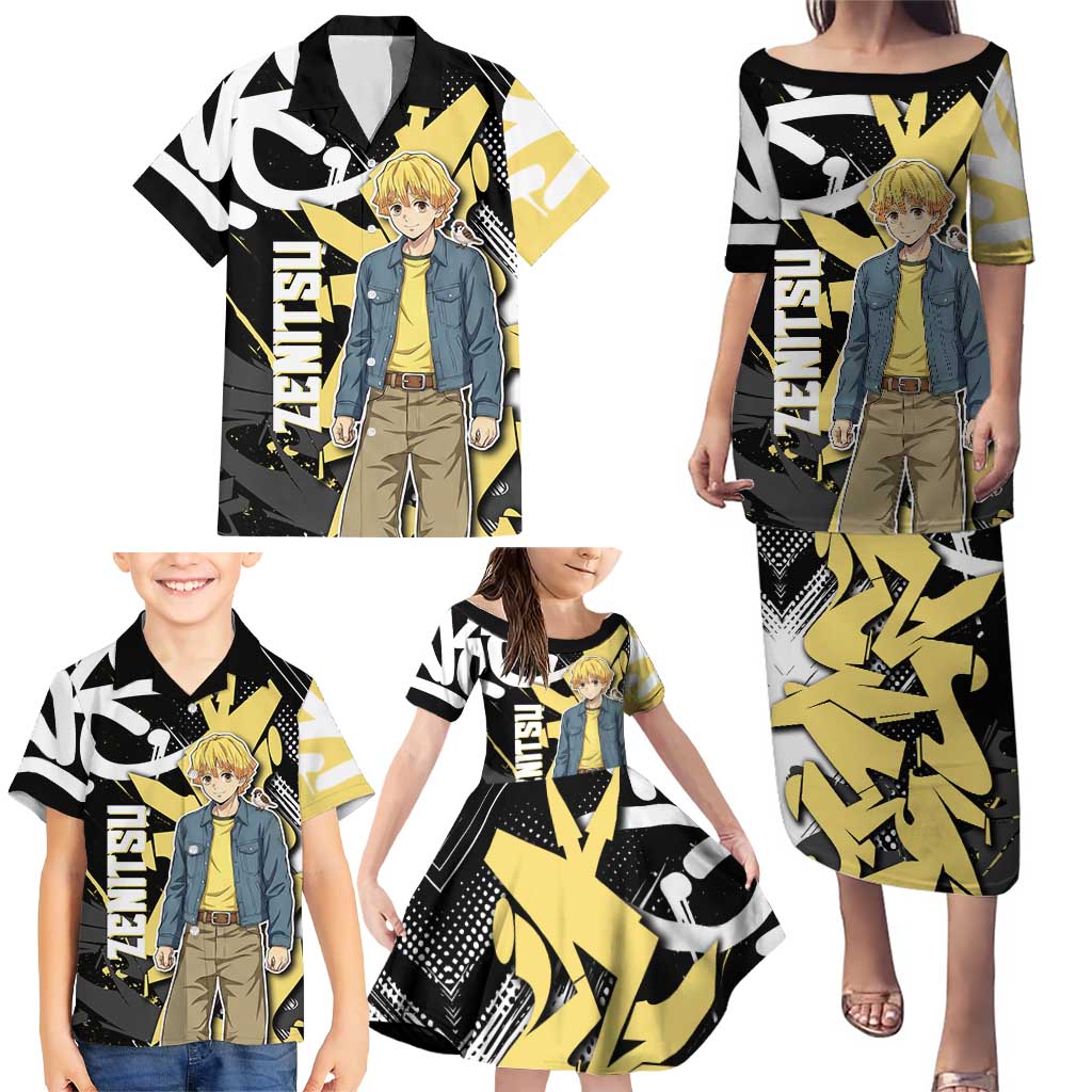 Agatsuma Zenitsu Demon Slayer Family Matching Puletasi and Hawaiian Shirt Yellow & Black Graffiti Anime