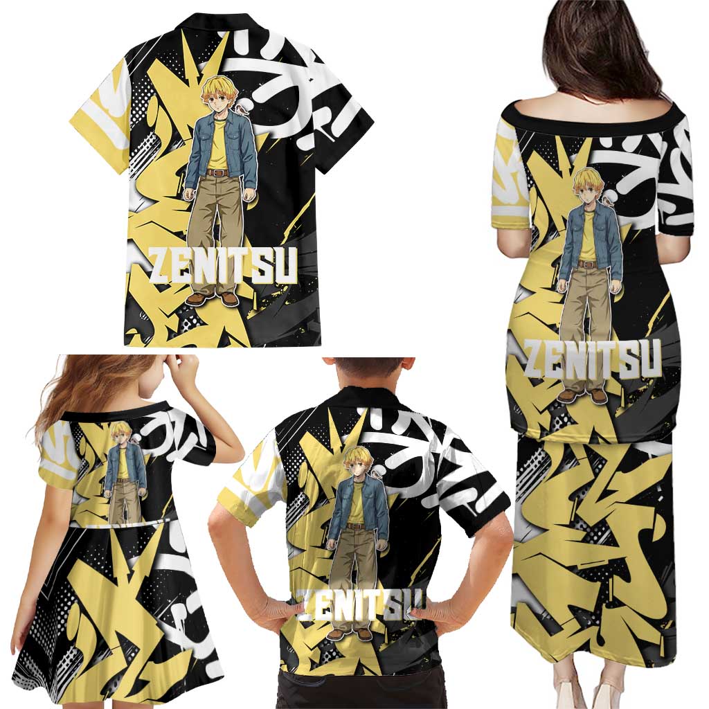 Agatsuma Zenitsu Demon Slayer Family Matching Puletasi and Hawaiian Shirt Yellow & Black Graffiti Anime