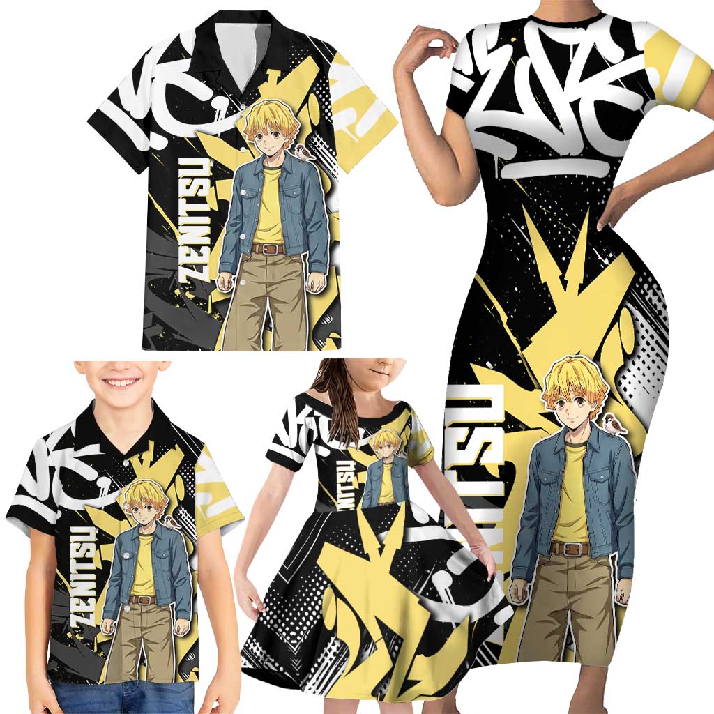 Agatsuma Zenitsu Demon Slayer Family Matching Short Sleeve Bodycon Dress and Hawaiian Shirt Yellow & Black Graffiti Anime